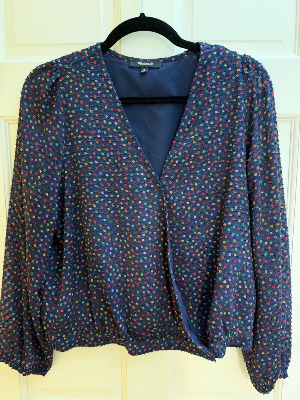 Madewell Navy V-Neck Blouse with Multicolor Dots